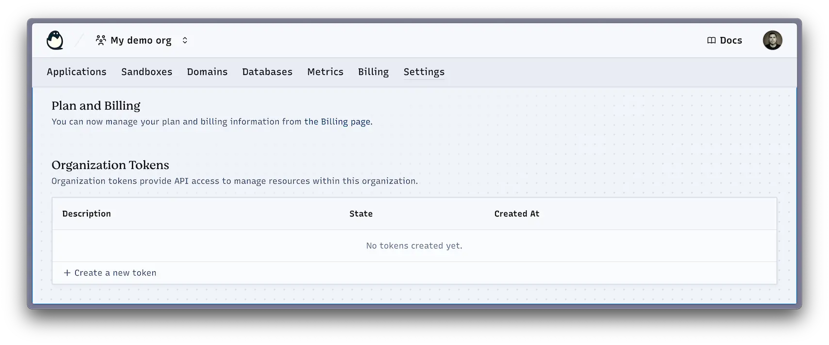 The Deno Deploy organization tokens screen.